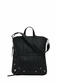 Schwarze Handtasche aus strukturiertem Material, mit sicherem Reißverschlussfach, metallischen Akzenten und verstellbarem Schultergurt. Kompakte rechteckige Form.