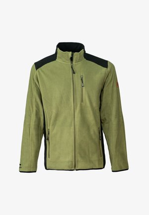 Fleece'owa kurtka w oliwkowym zielonym kolorze z czarnymi akcentami. Posiada wysoki kołnierz, kieszenie zapinane na zamek oraz miękką teksturę. Idealna do noszenia na zewnątrz.
