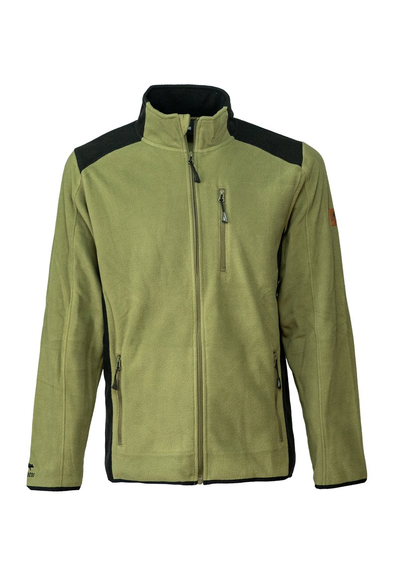 Fleece'owa kurtka w oliwkowym zielonym kolorze z czarnymi akcentami. Posiada wysoki kołnierz, kieszenie zapinane na zamek oraz miękką teksturę. Idealna do noszenia na zewnątrz.