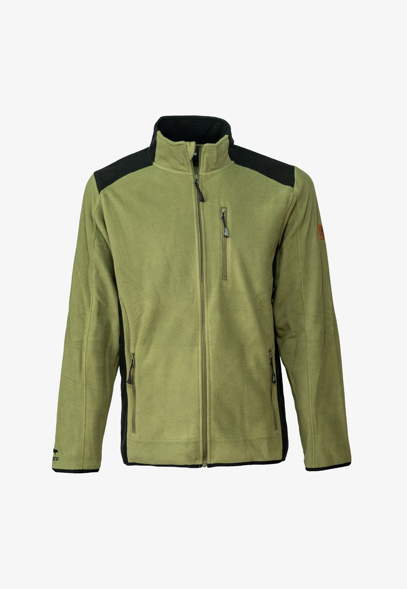 Fleecejack in olijfgroen met zwarte accenten. Beschikt over een hoge kraag, ritszakken en een zachte textuur. Geschikt voor buitengebruik.