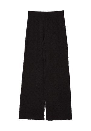 Schwarze weit geschnittene Hosen aus strukturiertem Material, mit einem hohen elastischen Bund und einer entspannten Passform, die knöchellang geschnitten sind.