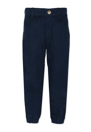 Navy blue pants made of soft fabric, featuring a button closure, elasticized ankles, and a smooth texture with no visible patterns.