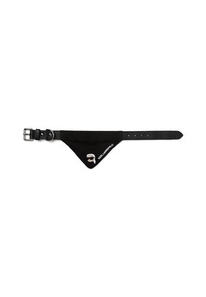 Black bandana-style accessory with leather strap, featuring a triangle shape, silver hardware, and an embroidered logo detail.