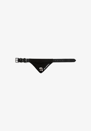 Black bandana-style accessory with leather strap, featuring a triangle shape, silver hardware, and an embroidered logo detail.