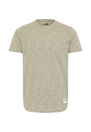 T-shirt verde chiaro a maniche corte con colletto rotondo, orlo leggermente curvo e un tessuto testurizzato e melangiato. Piccola etichetta con il marchio sull'orlo.