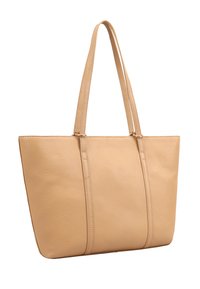 Sac fourre-tout en cuir beige avec deux poignées, de forme rectangulaire, surface texturée et coutures visibles. Pas d'accents ou de motifs supplémentaires.