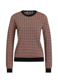 Neulottu neulepaita pyöreällä pääntiellä, jossa aaltoileva kuvio punaisessa, mustassa ja kermanvärissä, ja resorit hihansuissa ja helmassa.