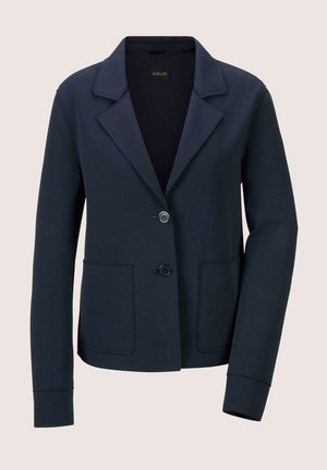 Navy Blazer aus elastischem Stoff, mit einem Reverskragen, zwei Fronttaschen und zwei Knöpfen auf der Vorderseite.