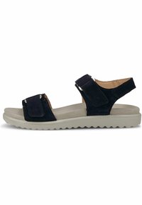 Marineblaue Wildledersandalen mit zwei verstellbaren Riemen, einer gepolsterten beigen Sohle und einem strukturierten Profil für besseren Halt.