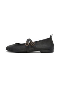 Ballerine in pelle nera con punta tonda, suola piatta e doppie cinghie con dettagli circolari in tonalità oro. Texture liscia.