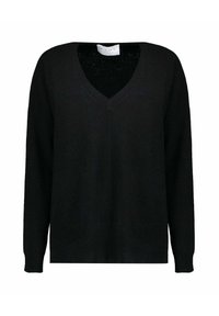 Maglione nero a V con maniche lunghe, realizzato con una texture morbida. Vestibilità rilassata e design minimalista, con una sottile etichetta sul collo.