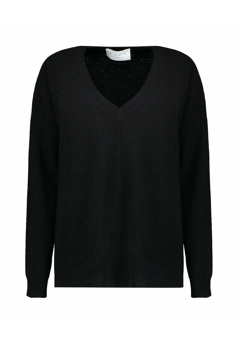 Maglione nero a V con maniche lunghe, realizzato con una texture morbida. Vestibilità rilassata e design minimalista, con una sottile etichetta sul collo.