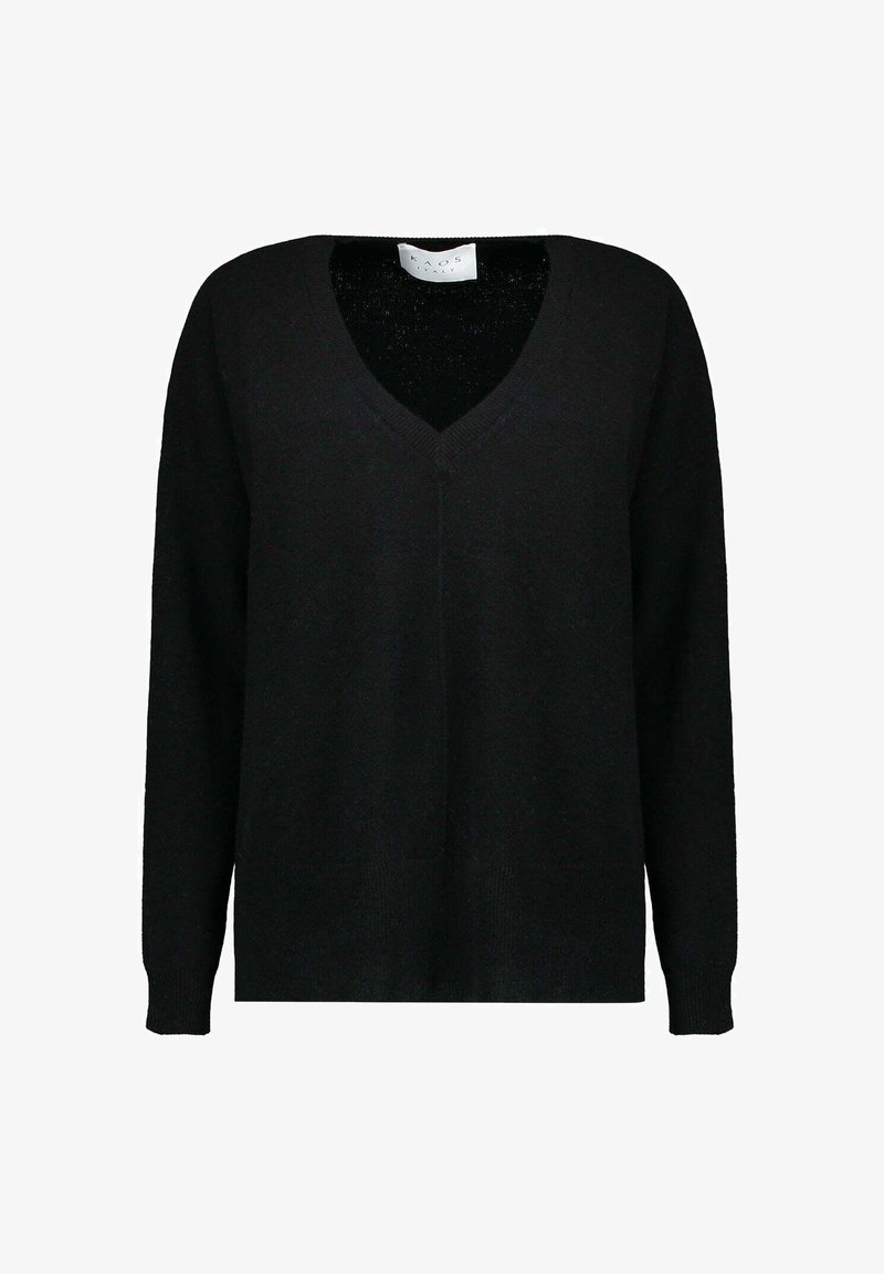Maglione nero a V con maniche lunghe, realizzato con una texture morbida. Vestibilità rilassata e design minimalista, con una sottile etichetta sul collo.