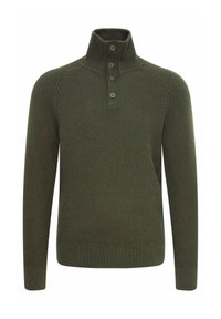 Rippiger khakifarbener Pullover mit hohem Kragen, Knopfleiste mit drei Knöpfen und langen Raglansäulen. Der Stoff hat eine strukturierte Optik.