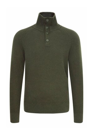 Ribbed khaki sweter z wysokim kołnierzem, z patką na trzy guziki i długimi rękawami raglanowymi. Tkanina ma teksturowany wygląd.