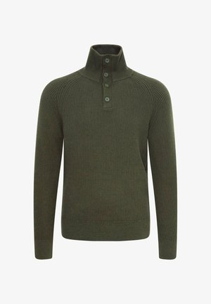 Ribbed khaki sweter z wysokim kołnierzem, z patką na trzy guziki i długimi rękawami raglanowymi. Tkanina ma teksturowany wygląd.
