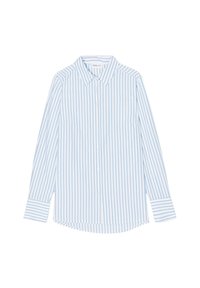 Chemise boutonnée rayée bleu clair avec col, manches longues et ourlet arrondi. Présente des rayures verticales de largeurs variées.