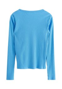 Maglietta a maniche lunghe blu a coste con scollo rotondo e una sottile texture, dotata di una vestibilità aderente e una vista posteriore pulita e minimalista.