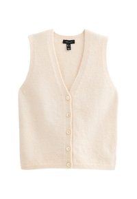 Bezrękawnik z dekoltem w serek w jasnobeżowym kolorze, wykonany z miękkiego materiału, z pięcioma guzikami z przodu oraz prążkowanymi wykończeniami na dole.
