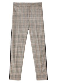 Pantalon à carreaux gris et beige, coupe ajustée avec des bandes noires sur le côté, présenté sur un fond blanc.