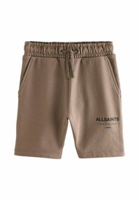 Braune Baumwolljersey-Shorts mit elastischem Bund und Kordelzug. Verfügt über zwei Seitentaschen und ein aufgedrucktes Logo vorne.