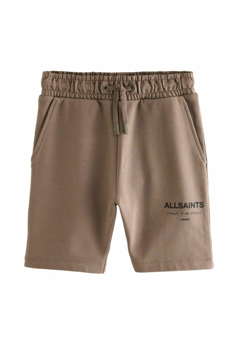 Braune Baumwolljersey-Shorts mit elastischem Bund und Kordelzug. Verfügt über zwei Seitentaschen und ein aufgedrucktes Logo vorne.