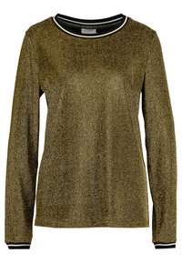 Langärmliges, golden glitzerndes Oberteil mit schwarz-weiß-goldenem Streifenverzierung am Kragen und an den Manschetten.