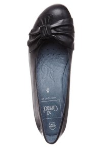 Ballerines en cuir noir avec un nœud à l'avant, bout arrondi et semelle intérieure texturée avec logo de la marque.