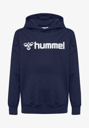 Marineblauwe hoodie gemaakt van katoen, voorzien van een groot wit 'hummel' logo op de voorkant en een voorzak in kangoeroestijl.