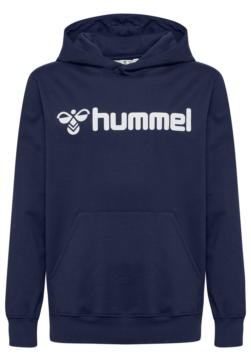 Felpa con cappuccio blu navy in cotone, caratterizzata da un grande logo bianco "hummel" sul davanti e una tasca a marsupio frontale.