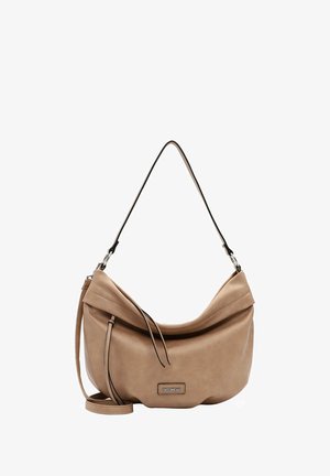 Sac à épaule en cuir beige au design décontracté, avec un bord supérieur torsadé, des accents de bandoulière noirs et un petit détail de marque sur le devant.