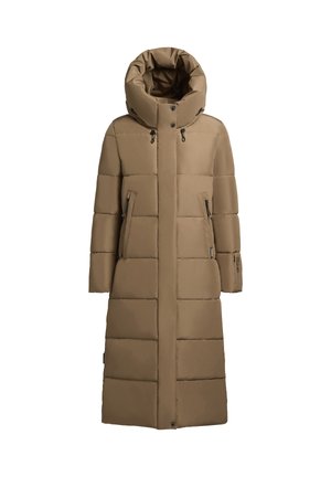 Abrigo de plumas en tono topo, con un cuello alto y una capucha, bolsillos con cremallera y secciones acolchadas horizontales para aislamiento.