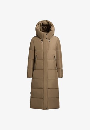 Abrigo de plumas en tono topo, con un cuello alto y una capucha, bolsillos con cremallera y secciones acolchadas horizontales para aislamiento.