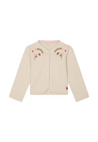 Beiger gesteppter Cardigan mit rundem Kragen, Frontknöpfen und buntem Blumenstickerei auf der Brust sowie Akzenten am Saum.