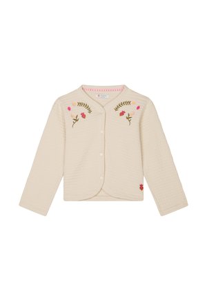 Cardigan beige matelassé avec un col arrondi, des boutons sur le devant et une broderie florale colorée sur la poitrine et les accents de l'ourlet.