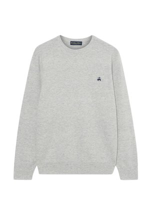 Sweatshirt gris à manches longues, col rond et petit logo marine sur la poitrine gauche. Texture douce, design décontracté, sans motifs.