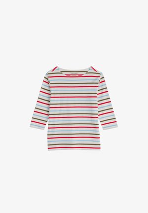 Long-sleeve striped shirt featuring red, blue, and brown stripes on a white background. Round neckline and relaxed fit. Soft fabric texture.