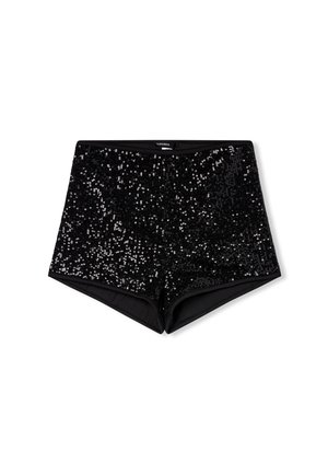 Shorts neri con paillettes, dal design aderente, con una vita liscia e paillettes scintillanti che coprono la parte frontale per aggiungere texture e interesse visivo.
