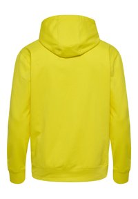 Gelber Hoodie mit lockerem Sitz, mit Kapuze zum Verstellen, gerippten Bündchen und glattem Baumwollstoff. Rückansicht zeigt keine weiteren Details.