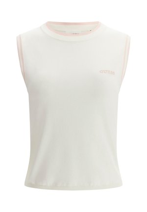 Haut tricoté blanc sans manches avec bordure rose au col et aux emmanchures, arborant un petit logo "GUESS" brodé sur le haut du côté gauche de la poitrine.