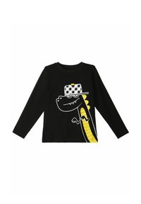 Schwarzes Langarm-T-Shirt mit einem Cartoon-Dragondesign, das einen gelben Schwanz und eine weiß-karierte Kappe auf der Vorderseite hat.