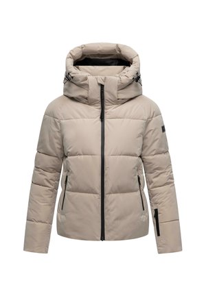 Giacca puffer beige con colletto alto e zip frontale. Presenta zip e tasche nere, design trapuntato e coulisse regolabili sul cappuccio.