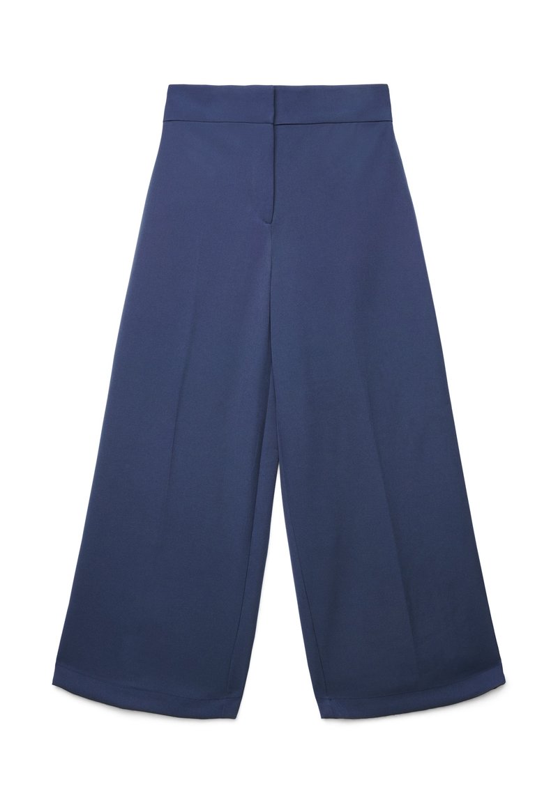 Pantaloni navy a gamba larga realizzati in un tessuto liscio, con vita alta e dettagli di cuciture minime, dal taglio dritto fino all'orlo.
