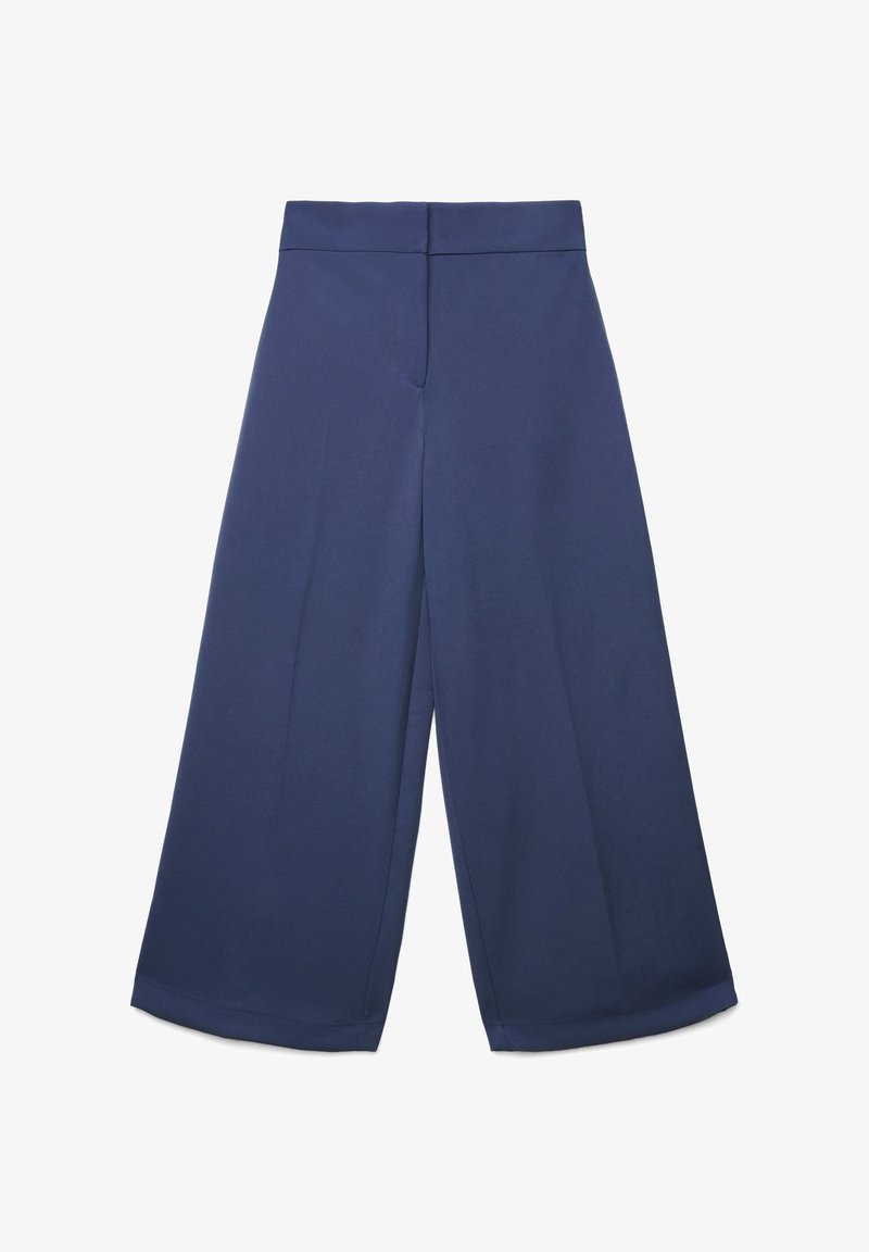 Pantaloni navy a gamba larga realizzati in un tessuto liscio, con vita alta e dettagli di cuciture minime, dal taglio dritto fino all'orlo.