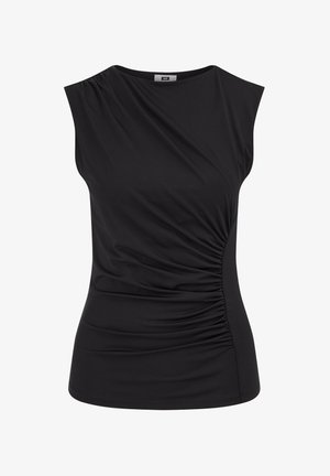 Mustast ilma varrukateta keha järgiv ülaosa, millel paremal küljel kogutud detailid ja ümar kaelus.