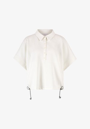 Īsām piedurknēm apgriezts polo krekls krēmkrāsā ar pogu apakšmalu un stringa detaļu apakšējā malā ar kontrastējošiem melniem akcentiem.