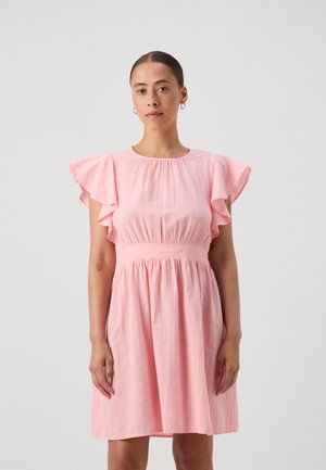 Pink short-sleeve dress with ruffled accents, a round neckline, cinched waist, and flowing skirt. Made from lightweight and textured fabric.