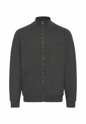 Chaqueta de cremallera gris oscuro con un cuello alto, puños acanalados y una tela texturizada. Cuenta con un bolsillo lateral y detalles de costura sutiles.