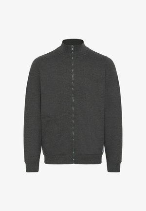 Mørk grå zip-up jakke med høy krage, ribbede mansjetter og teksturert stoff. Har en sidelomme og subtile stikking detaljer.