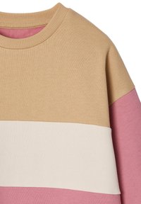 Farbblockiertes Sweatshirt mit horizontalen Streifen in Beige, Creme und Pink. Hergestellt aus strukturiertem Baumwollmaterial mit einem gerippten Rundhalsausschnitt.